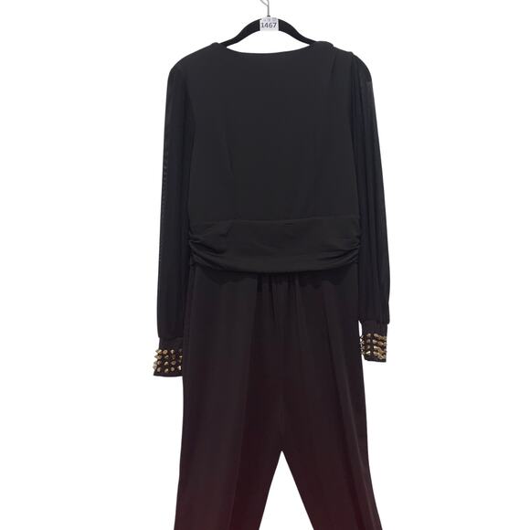Stylish Women's Black Wrap-Top Jumpsuit with Beaded Cuffs, Size L - Picture 4 of 4